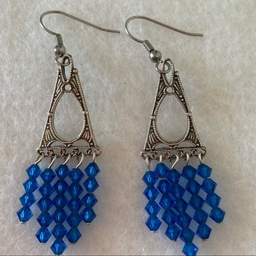 925 Silver Sapphire Blue Crystal Beaded Chandelier Handmade Earrings NEW